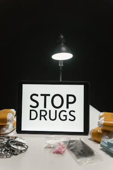 A conceptual photo highlighting anti-drug message with paraphernalia on a black background.